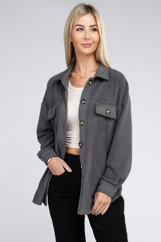 Grey Textured Button Up Shacket - Luxxfashions