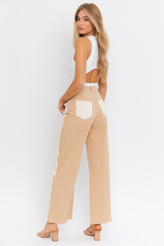 Color Block Twill Straight Pants - Luxxfashions