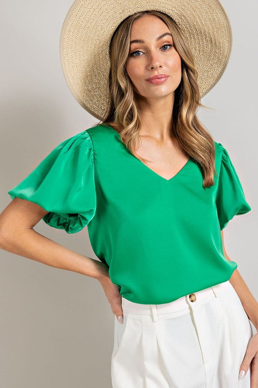 V-Neck Puff Sleeve Blouse Top - Luxxfashions