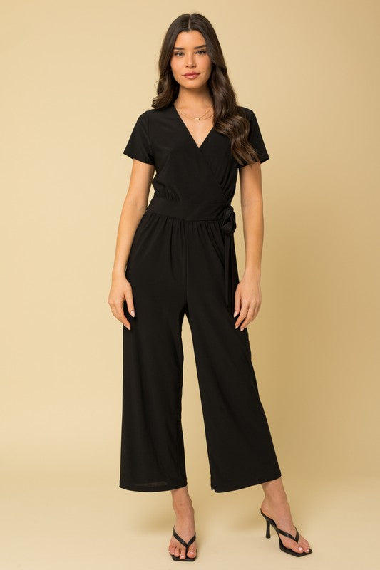 Solid Surplice Cropped Jumpsuit with Faux Wrap - Luxxfashions