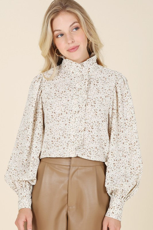 Stand collar floral frill blouse - Luxxfashions