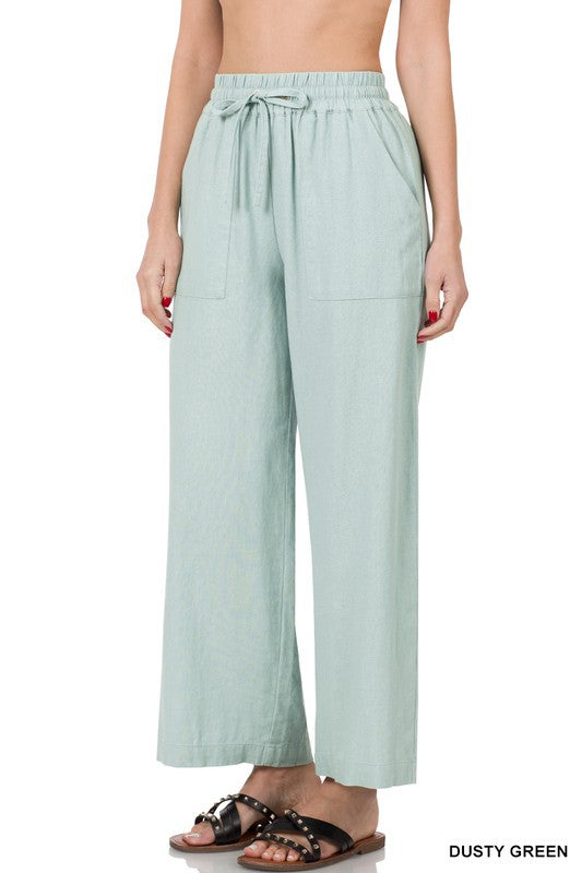 LINEN DRAWSTRING-WAIST PANTS WITH POCKETS - Luxxfashions