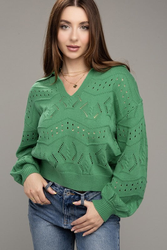 Hole-knit collared sweater - Luxxfashions