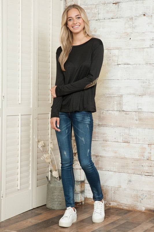 Plus Solid Long Sleeve Sequin Elbow Patch Top