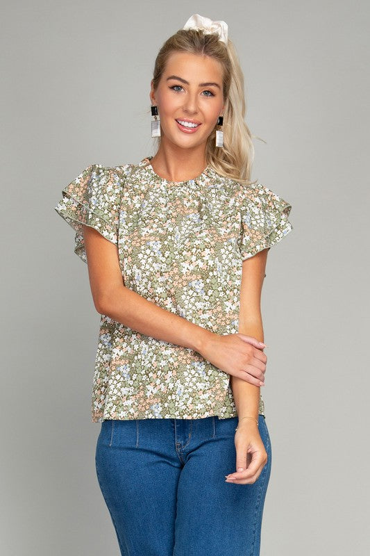 Ditsy Floral Print Butterfly Sleeve Blouse - Luxxfashions