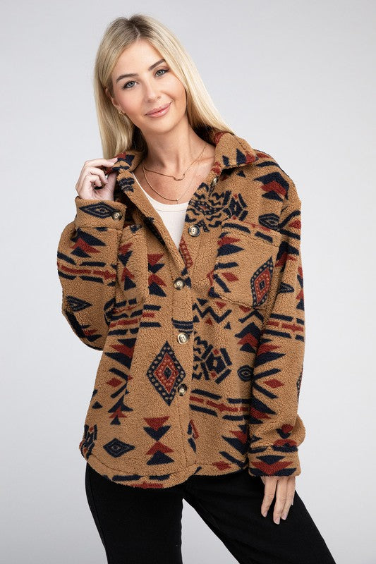 Sherpa Shacket with Aztec Pattern - Luxxfashions