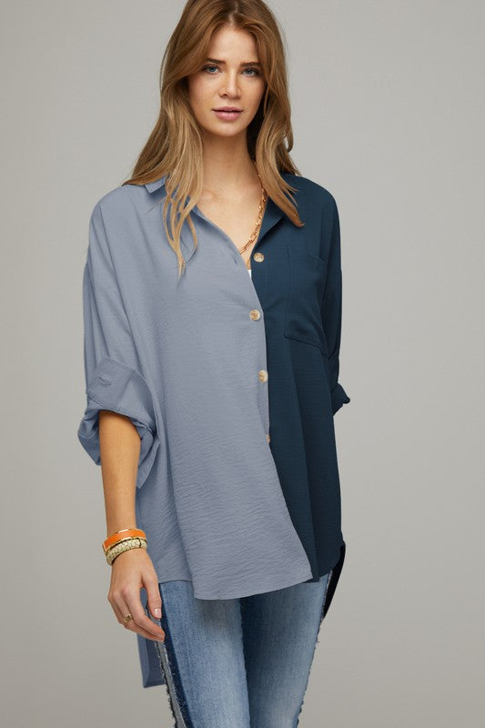 Color Block Button Down Shirt - Luxxfashions