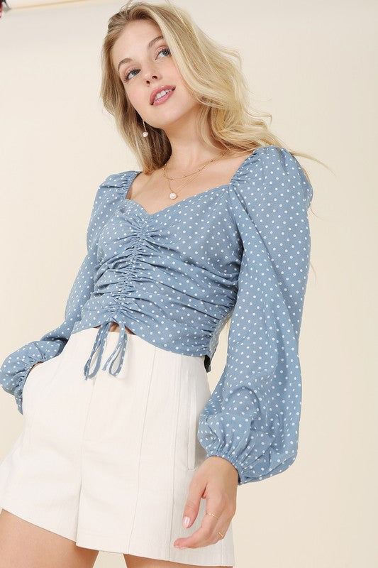 Ruched polka dot crop top with puff sleeves - Luxxfashions