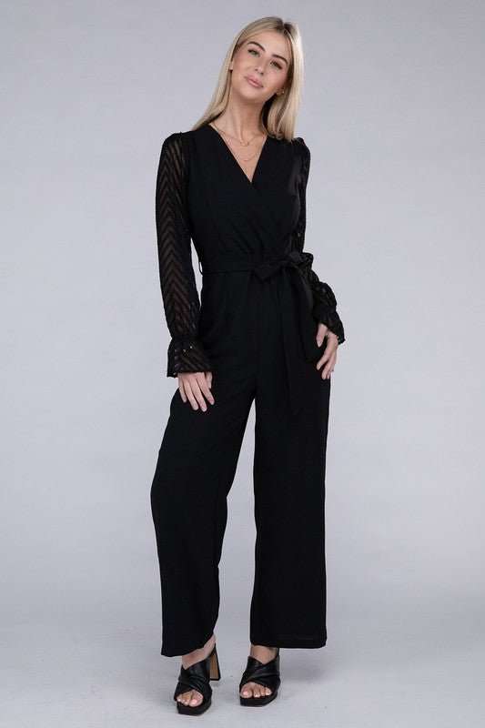 Sheer sleeve and Wide leg Jumpsuit - Luxxfashions