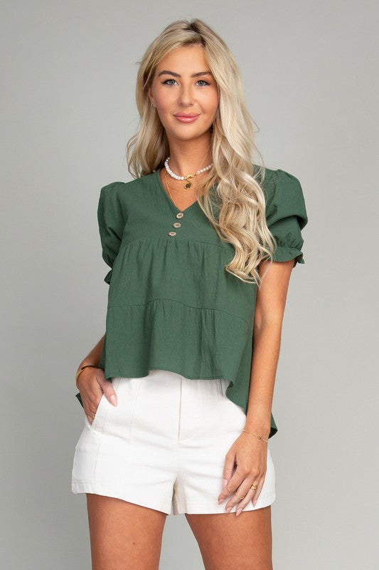 Button Front Puff Sleeve Blouse - Luxxfashions