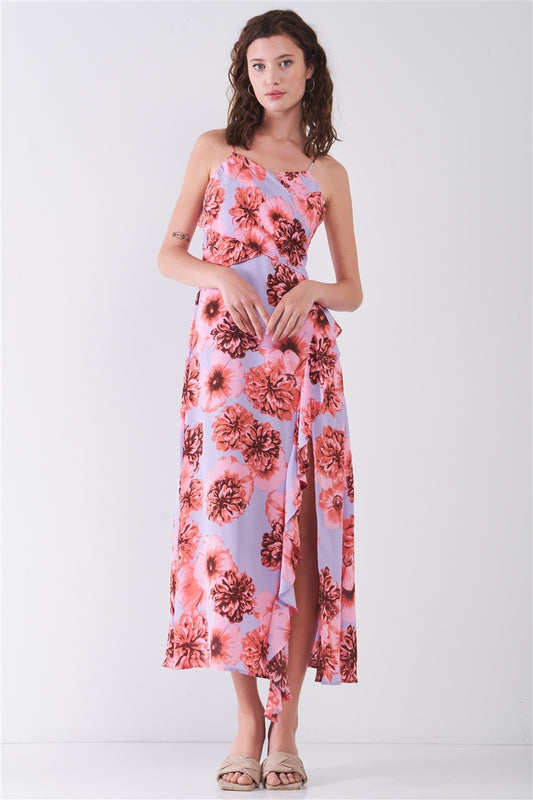 Floral Print Sleeveless Self-tie Wide Wrap Front Ruffle Hem Side Slit Detail Midi Dress