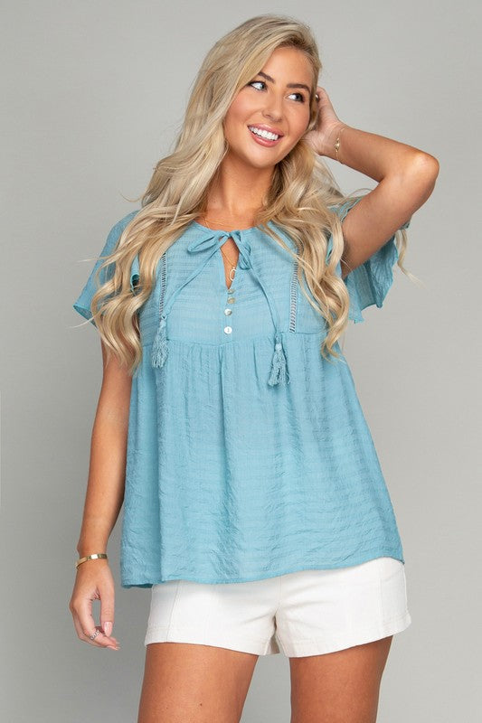 Tie Neck Butterfly Sleeve Blouse - Luxxfashions