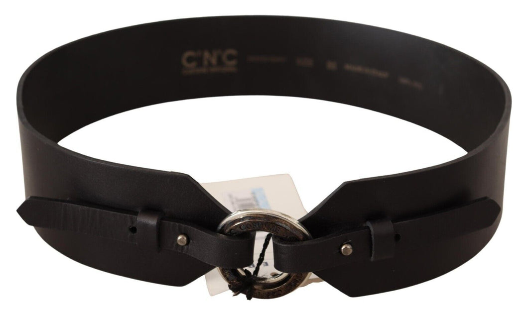 Costume National Black Leather Silver Round Buckle Belt